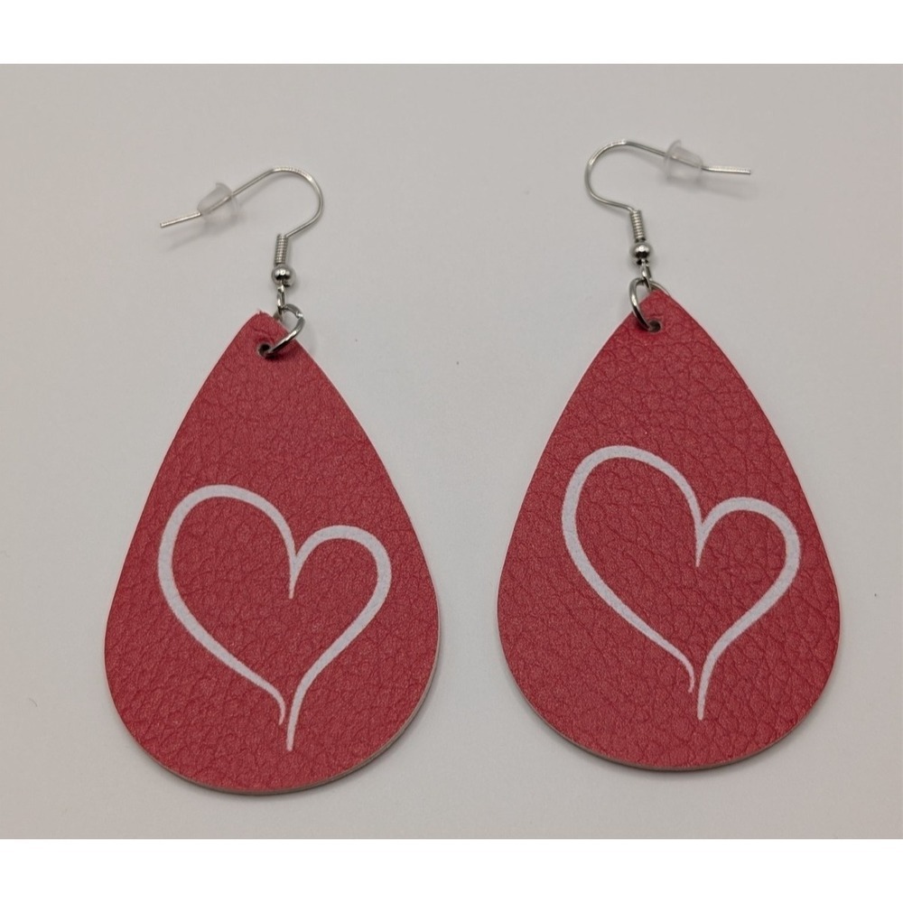Faux Leather Teardrop Earrings Double Sided Matte Red White Heart On Front NWOT